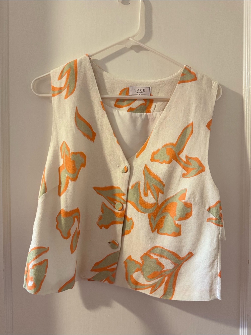 Sage Cream Floral V-Neck Button Camisole with Orange and Green Print